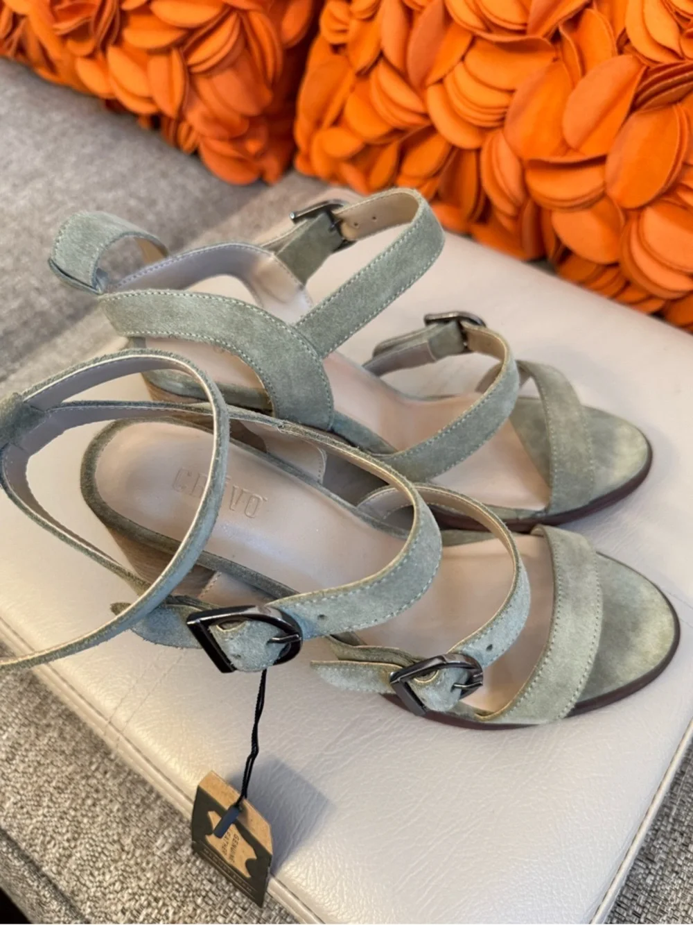 NWT Crevo Macer Sage Green Leather Buckle Heeled Sandals